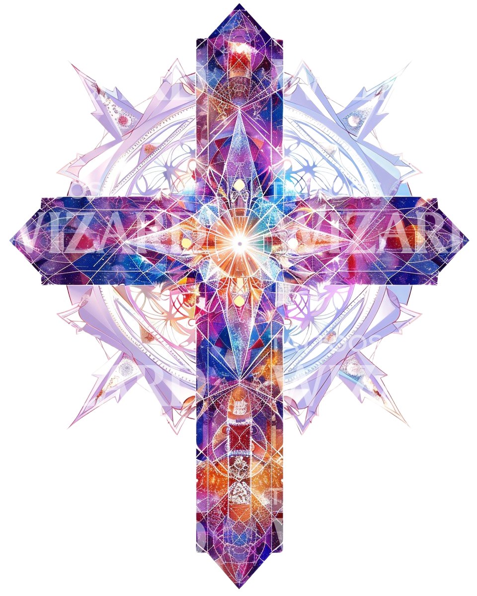 Croix colorée mystique avec conception de tatouage à géométrie sacrée