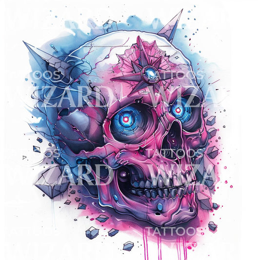 Mystical Demon Skull with Blue Gemstone Tattoo Idea