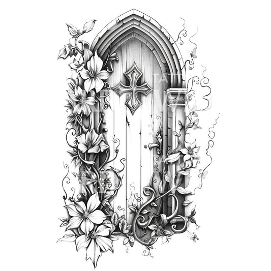 Mystisches Tür-Tattoo in Schwarz und Grau