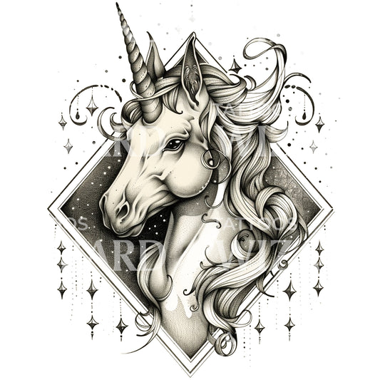 Conception de tatouage de portrait de licorne mystique