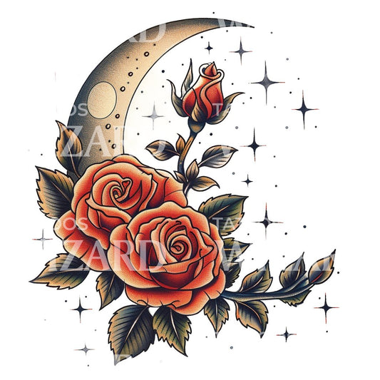 Moon Crescent and Two Roses Tattoo Design