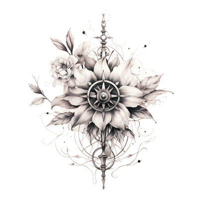 Black and Grey Compass Tattoo Design