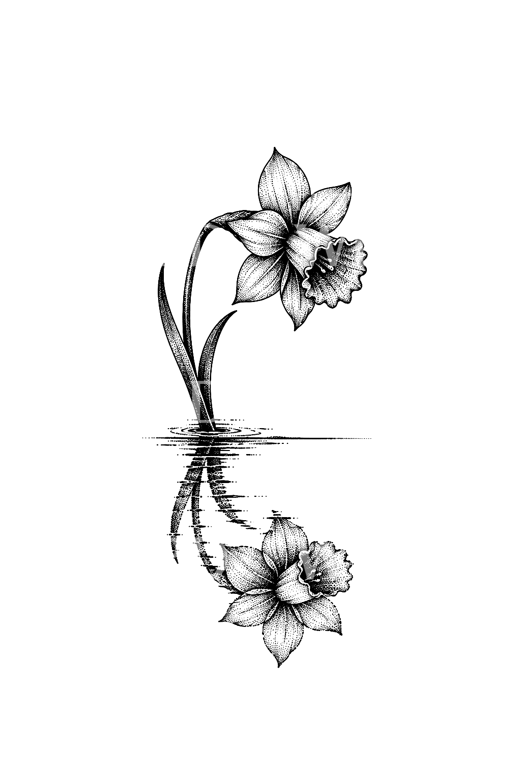 Nárciszvirág víztükörrel, dotwork tetoválás