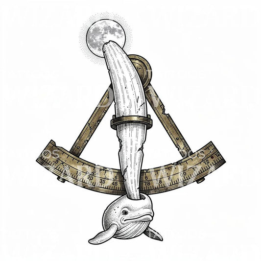 Design tatuaggio narvalo con sestante e luna