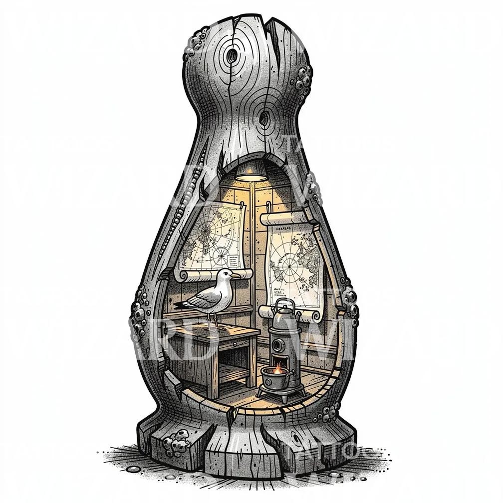 Maritim Kahyt i Gennemskæring Tattoo-Illustration
