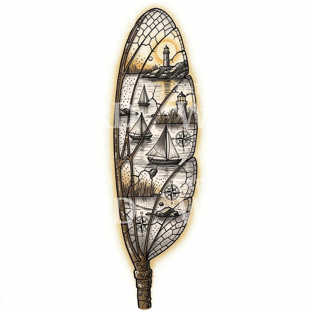 Nautical Feather Quill Tattoo Design