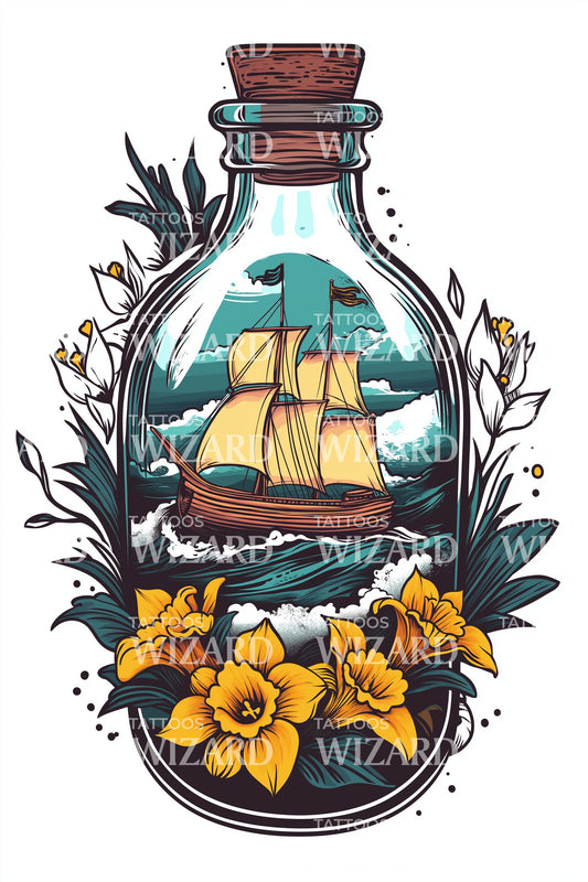 Nautische goudsbloem vaartuig tatoeage ontwerp