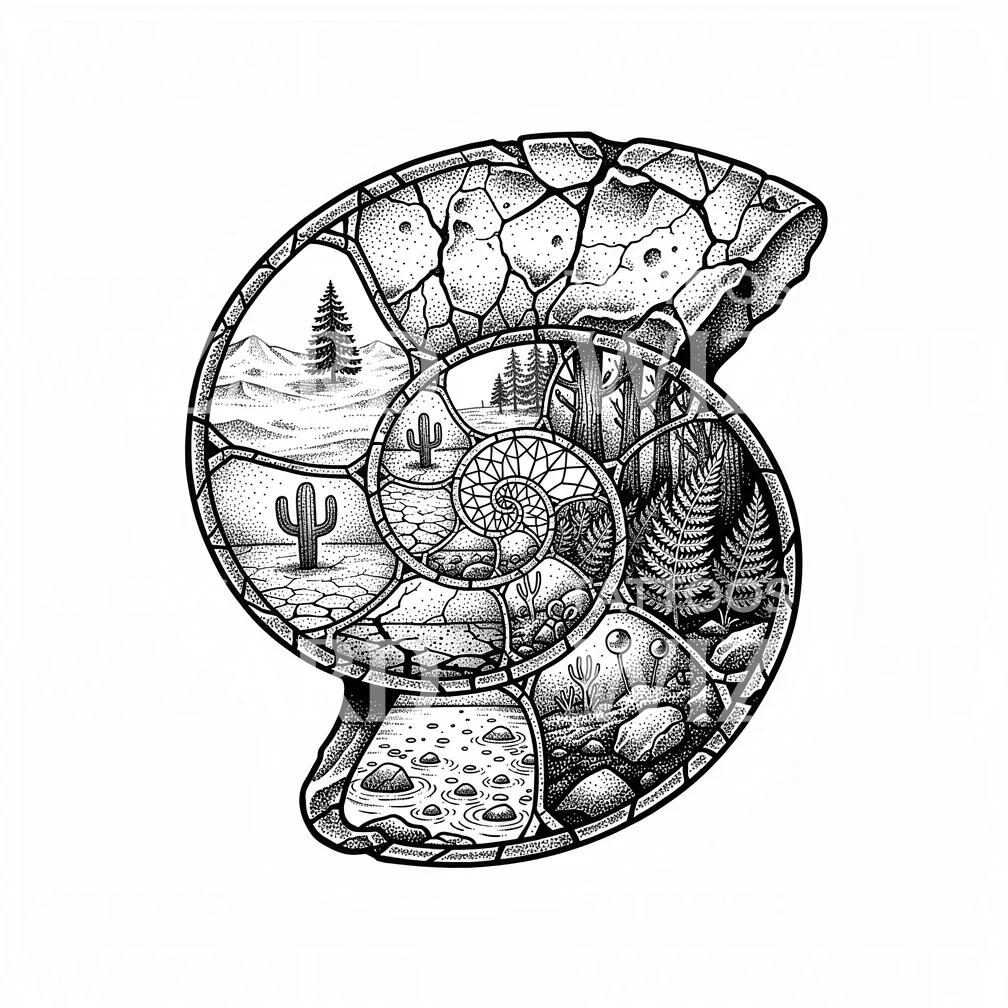 Nautilus Landscape Spiral Tattoo Design