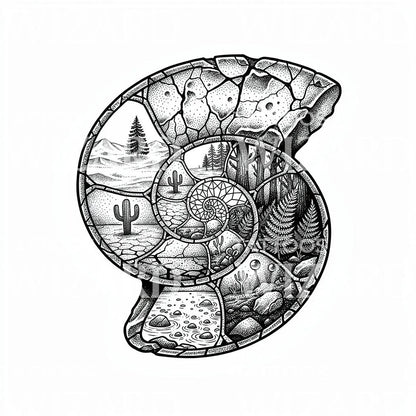 Nautilus Landscape Spiral Tattoo Design