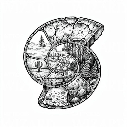 Nautilus Landscape Spiral Tattoo Design