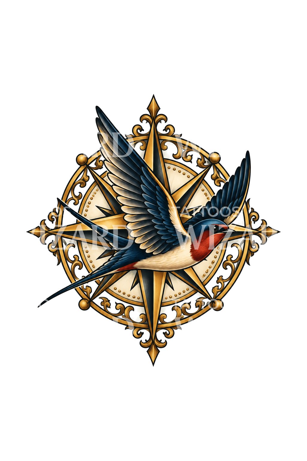 Tattoo-illustratie van een navigerende zwaluw en kompasster