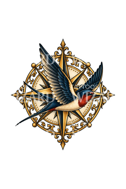 Tattoo-illustratie van een navigerende zwaluw en kompasster