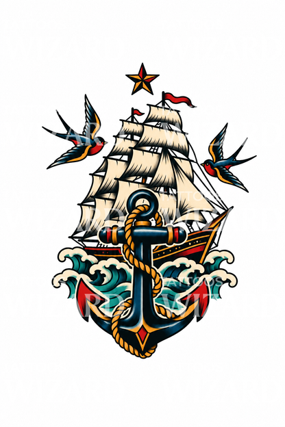 Navy Anchor and Tall Ship Tattoo Design – Tattoos Wizard Designs