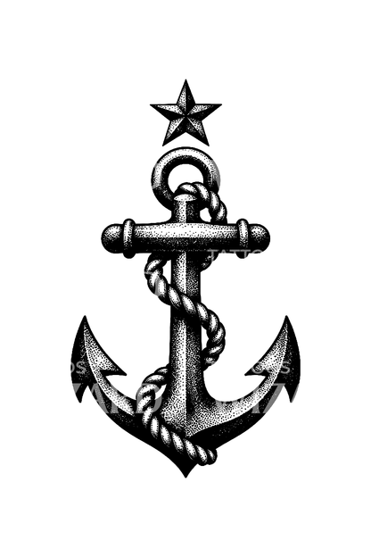 Dotwork-tatuering med marinankare, rep och stjärna