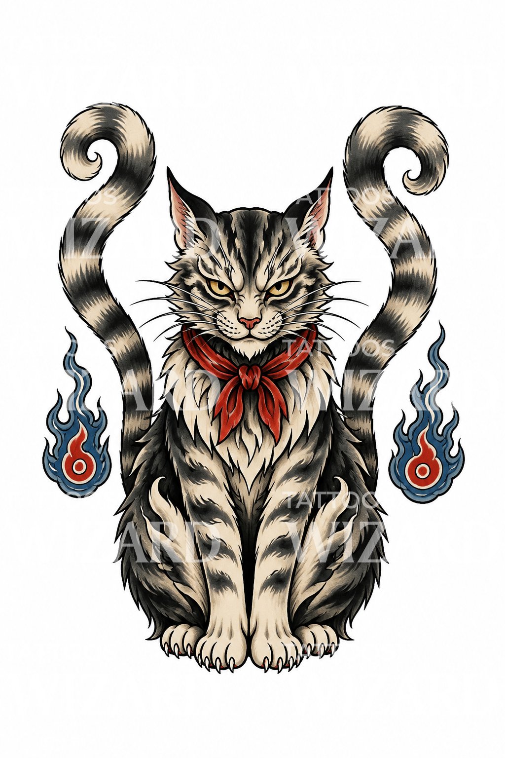 Nekomata Two Tailed Cat Tattoo Design