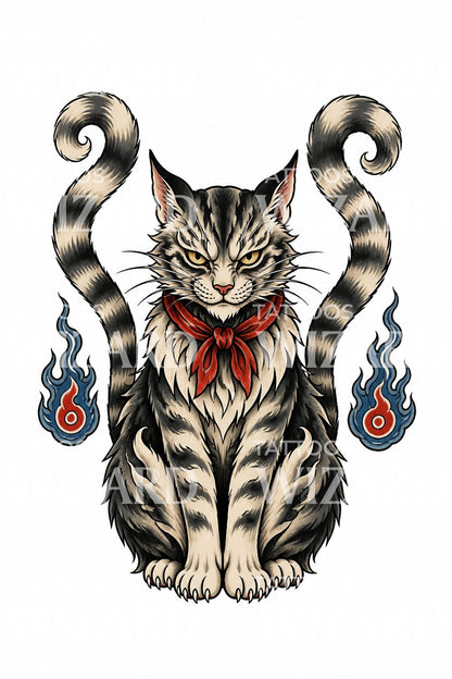 Nekomata Two Tailed Cat Tattoo Design
