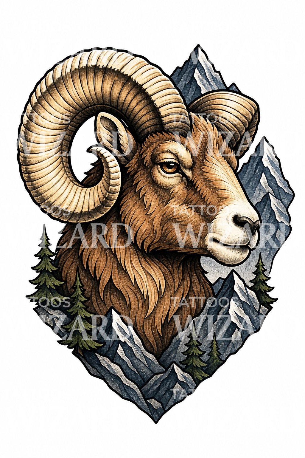 Neo Traditional Bighorn Ram Tattoo Design