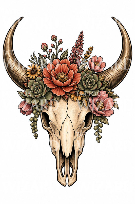 Diseño de tatuaje neotradicional de cráneo de toro
