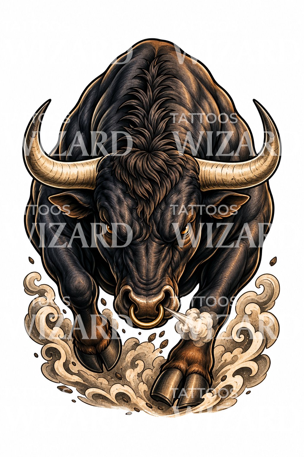 Neo Traditional Charging Bull Tattoo Design