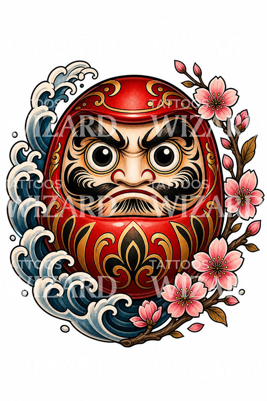 Design de tatouage néo-traditionnel poupée Daruma