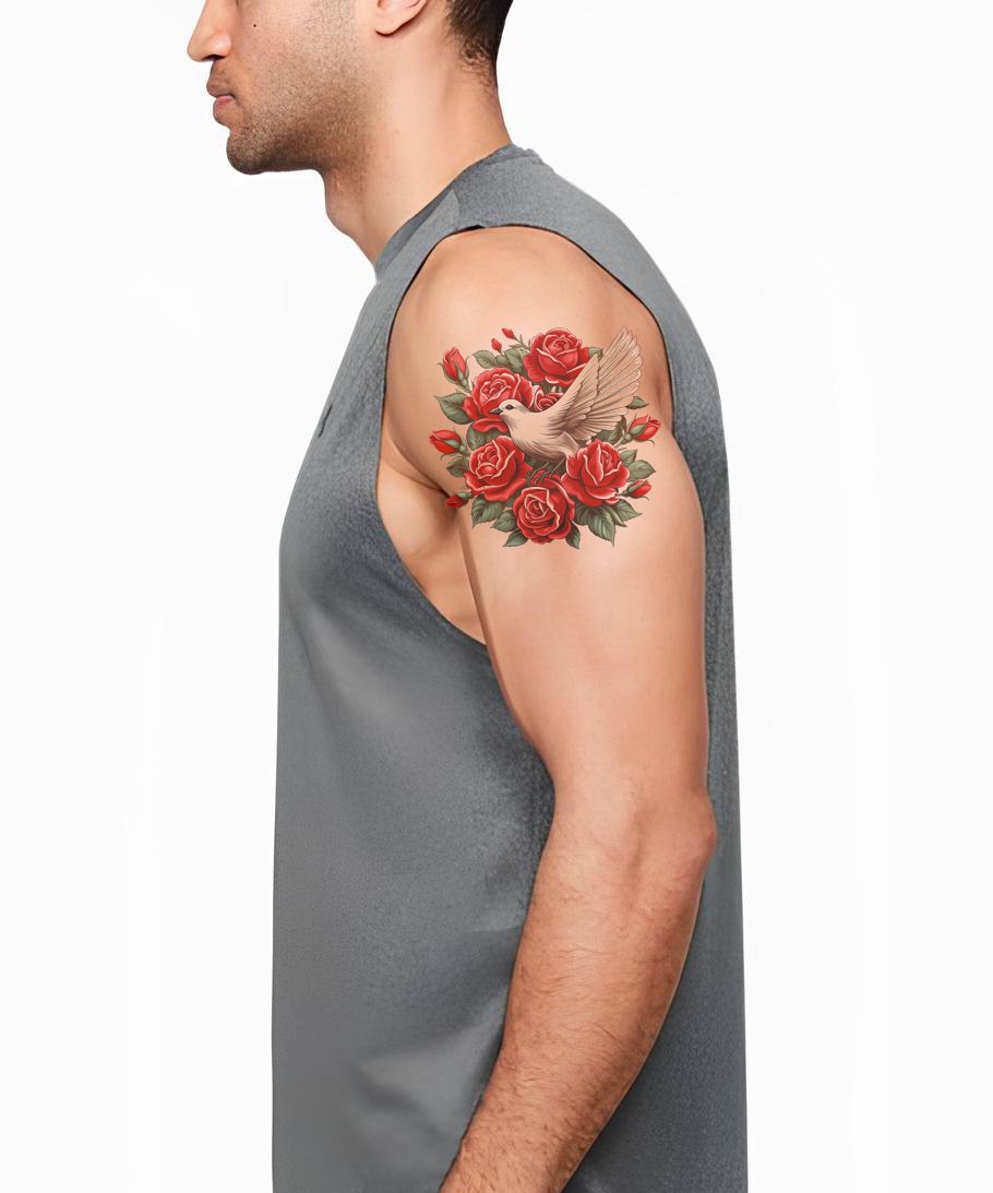 Design de Tatuagem Pomba Neo Tradicional com Rosas