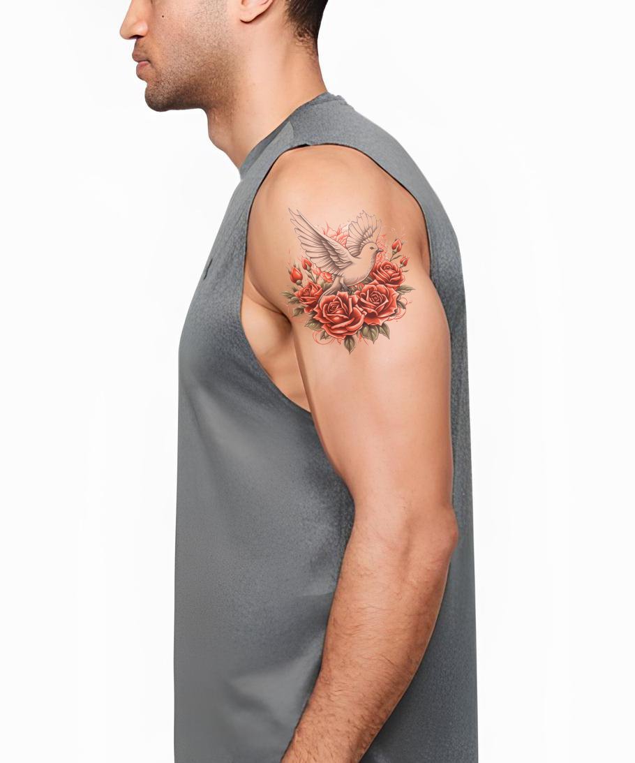 Design de Tatuagem Pomba Neo Tradicional com Rosas