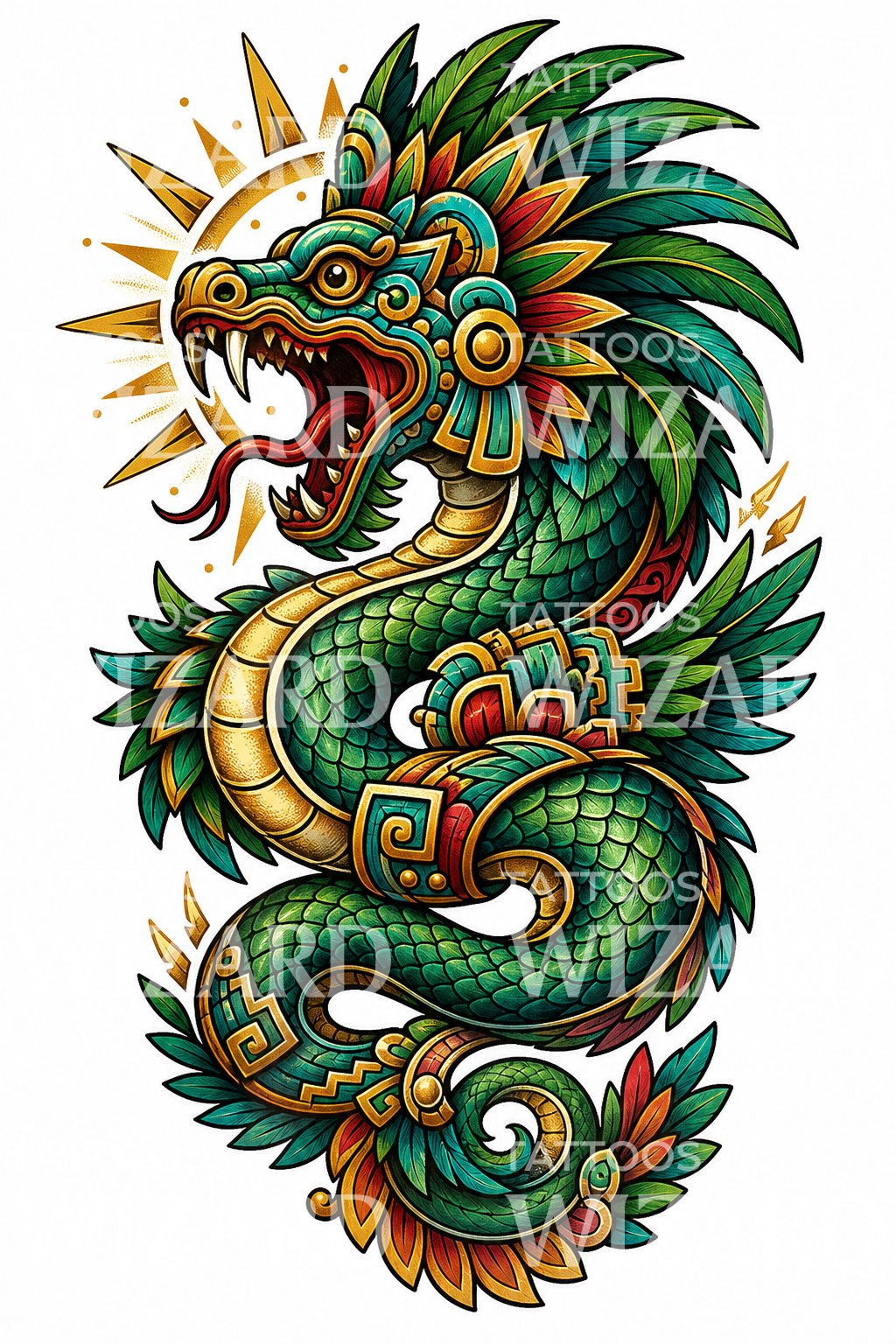 Neo Traditional Feathered Serpent Tattoo Design