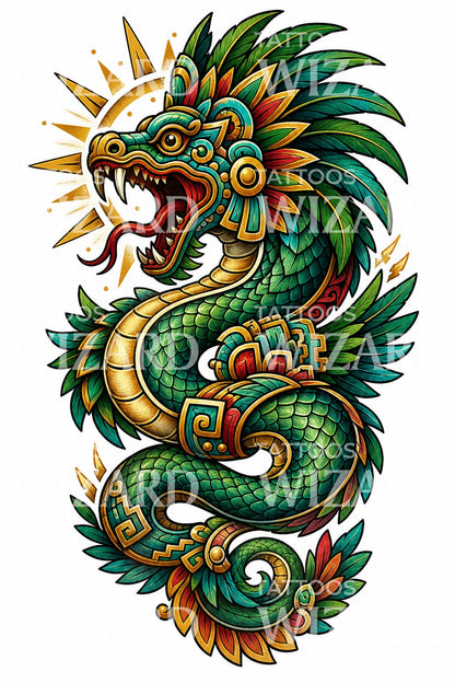 Neo Traditional Feathered Serpent Tattoo Design
