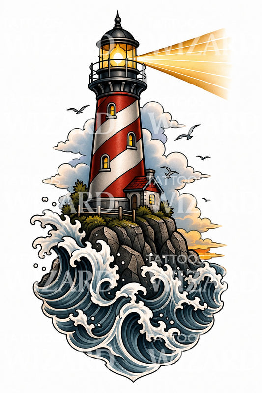 Neo traditional vuurtoren tattoo ontwerp