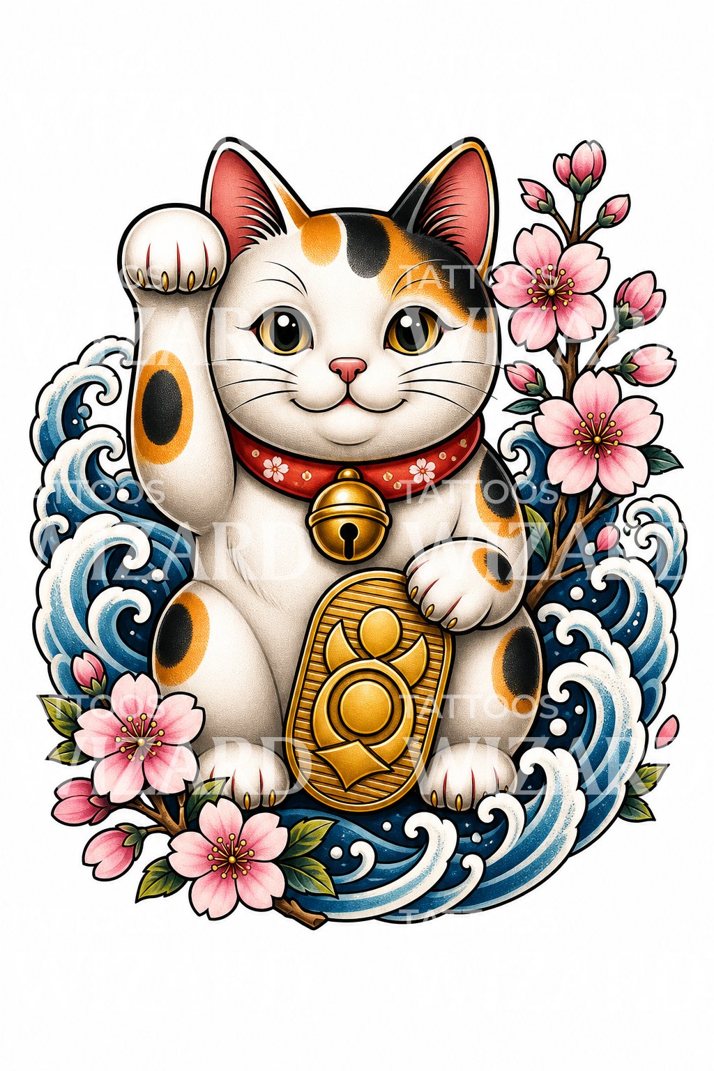Neo Traditional Lucky Cat Tattoo Design
