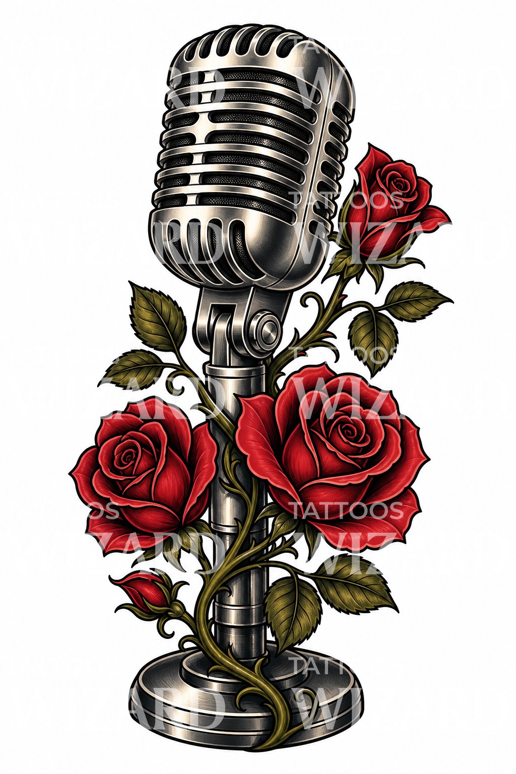 Neo Traditional Microphone and Roses Tattoo Design