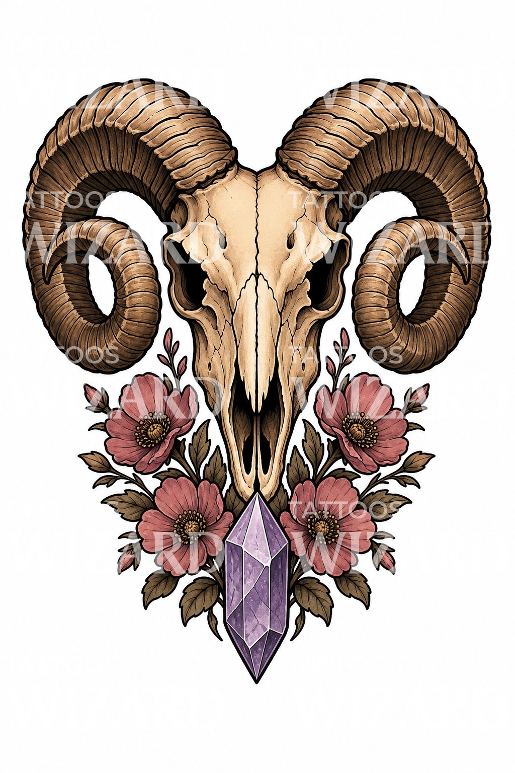 Neo Traditional Ram Skull Tattoo Design