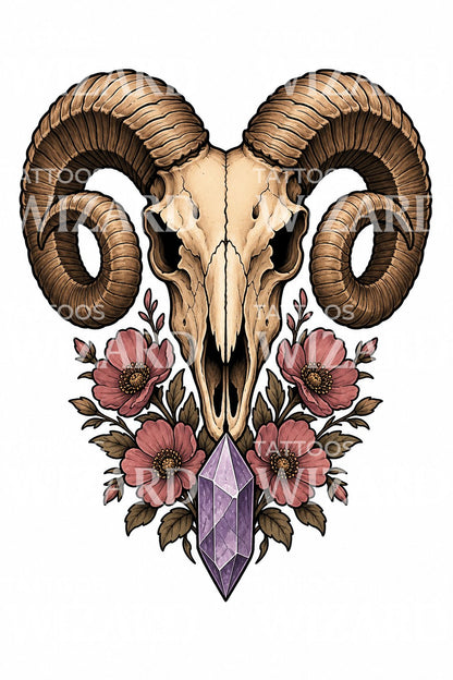 Neo Traditional Ram Skull Tattoo Design