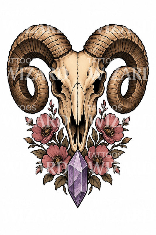 Design tattoo neo tradizionale con teschio di ariete