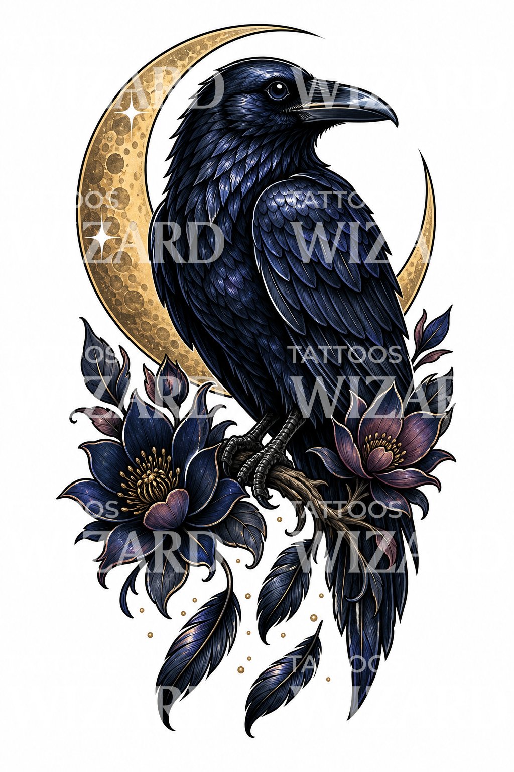 Diseño de tatuaje neo tradicional de cuervo y luna