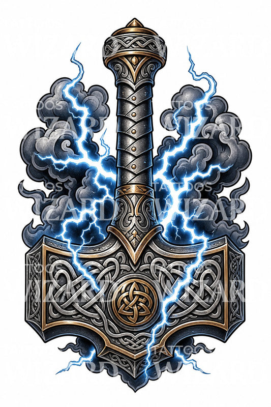 Neo traditional Thor hamer tattoo ontwerp