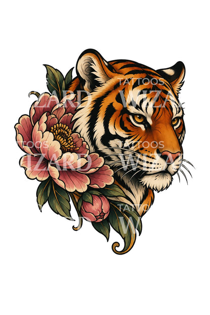 Neo-traditioneel tijger- en pioenroos-tattoo-ontwerp