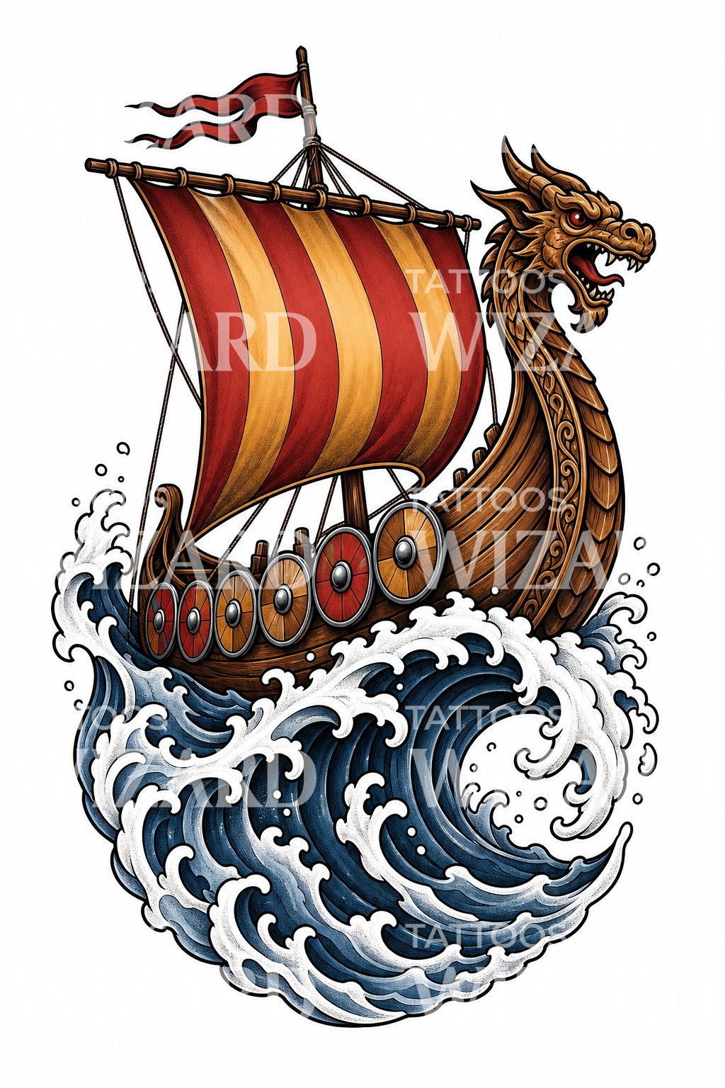 Neo Traditional Viking Ship Tattoo Design