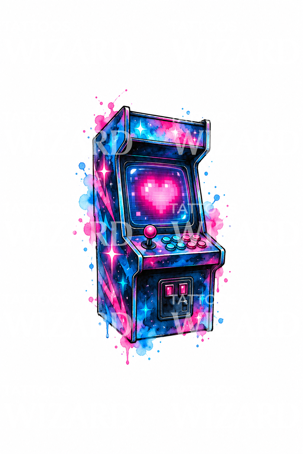 Neon Arcade Cabinet Pixel Heart Watercolor Tattoo – Tattoos Wizard Designs