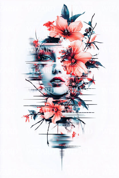 Neon Bloom Porträtt Tatuering Design