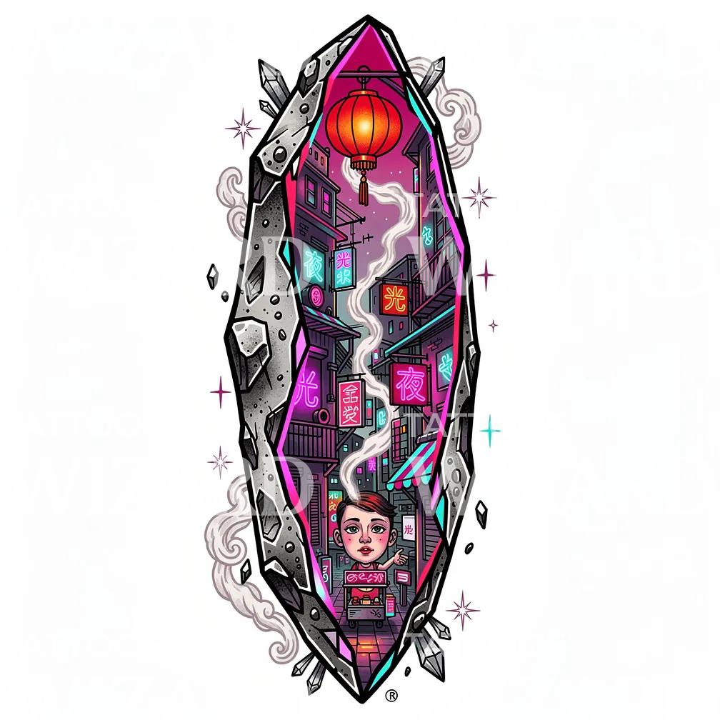 Neon Lantern Alley Tattoo Design
