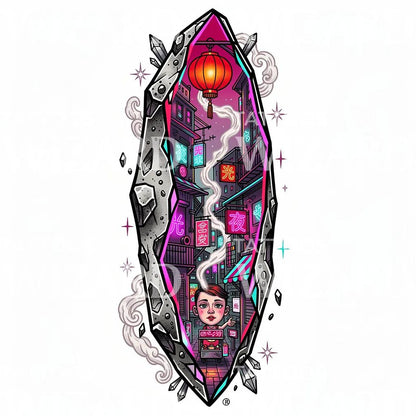 Neon Lantern Alley Tattoo Design