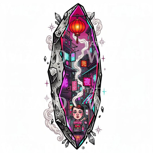 Neon Lantern Alley Tattoo Design