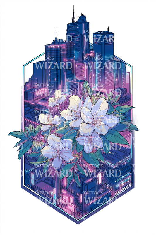 Neon Lotus City Tattoo Design