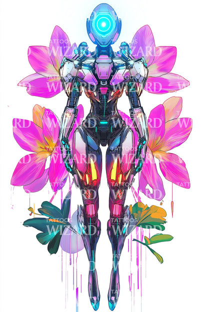 Neon Mech Blossom Tattoo Design
