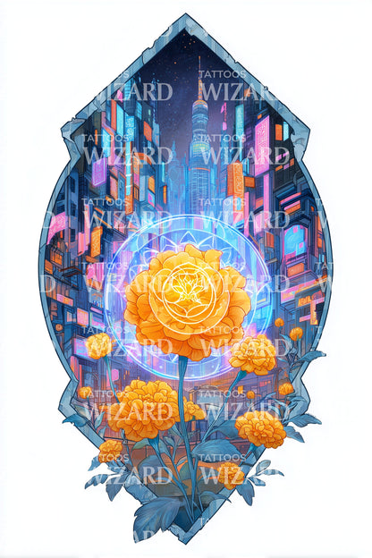 Neon Ros Stad Tatuering Illustration