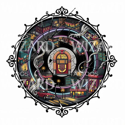 Neon Vinyl City Tattoo Design