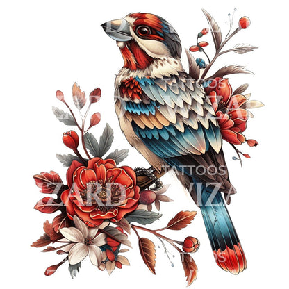 Neotraditional Colorful Bird Tattoo Design