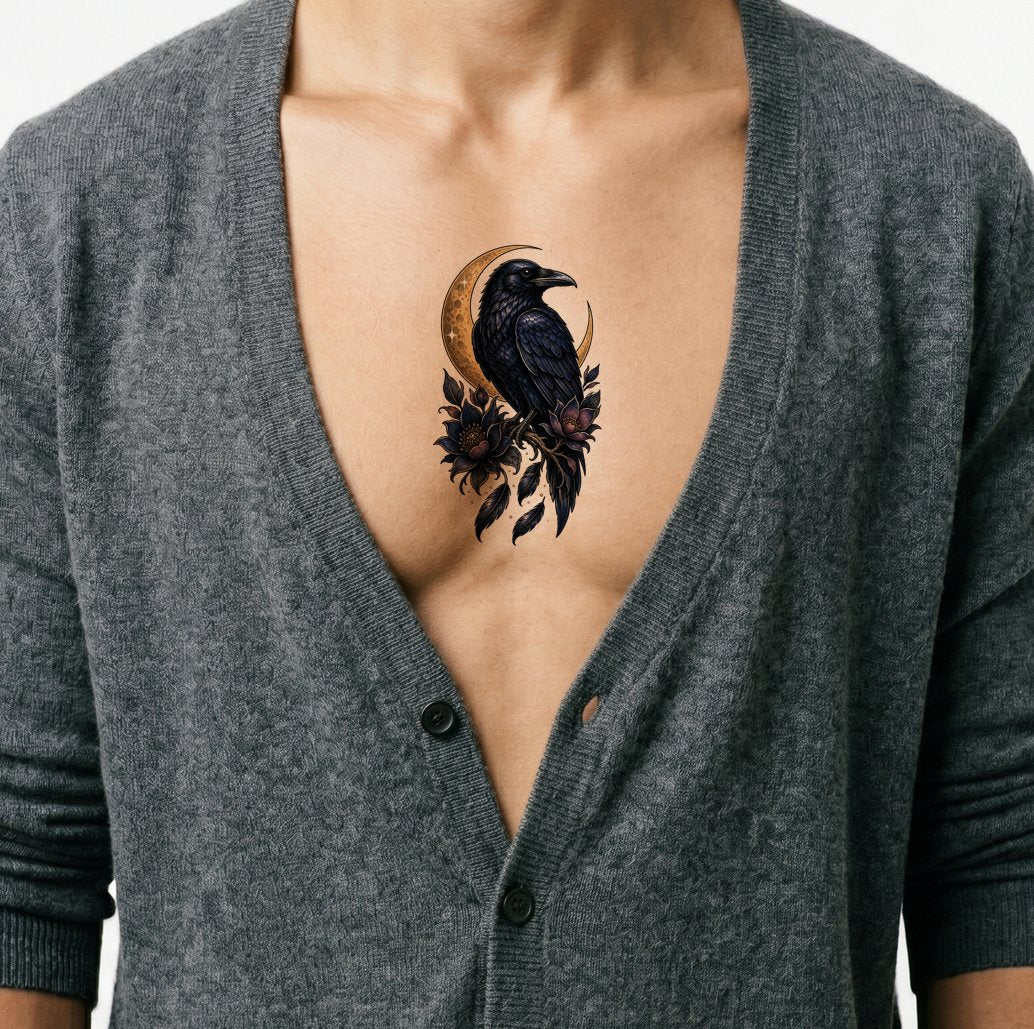 Diseño de tatuaje neo tradicional de cuervo y luna