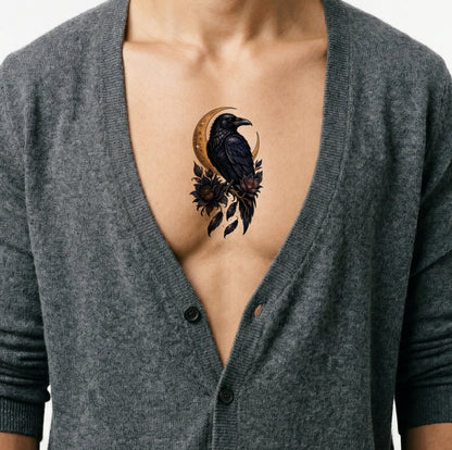 Diseño de tatuaje neo tradicional de cuervo y luna
